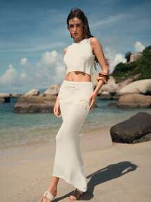 Elaire Conjunto de falda y cubrecuerpo con borde asimétrico de punto con estampado de estrellas, ideal para vacaciones de verano y playa para mujeres - Beis - Ver 5
