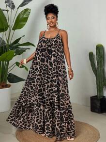 Maweii 2025 女式加大码优雅日常穿着时尚拼色豹纹梭织面料高端百搭设计感度假吊带裙，春夏