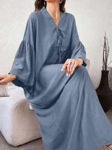 Yasmyna 女式纯色V领长袖休闲优雅阿拉伯连衣裙