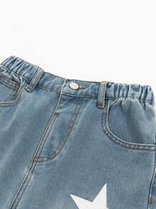 大码男童复古休闲牛仔裤，星星印花，中腰宽松水洗牛仔直筒裤，适合男孩的百搭款式 - 中等水洗藍 - 查看 5