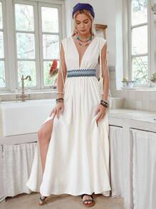 LanaWest Women's Casual Sleeveless Drawstring Ruched Deep V Sexy Backless Colorblock High Slit Dress - Apricot - View 4