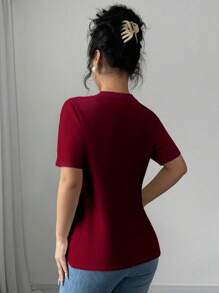 INAWLY 女式大码圆领短袖T恤，仿珍珠装饰 - 紅色 - 查看 2