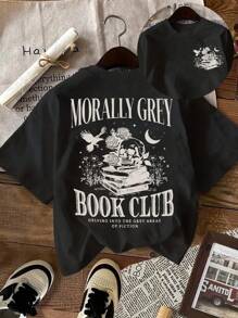 SHEIN EZwear 大码女式图案标语和骷髅印花圆领短袖休闲 T 恤，夏季 - 黑色 - 查看 1