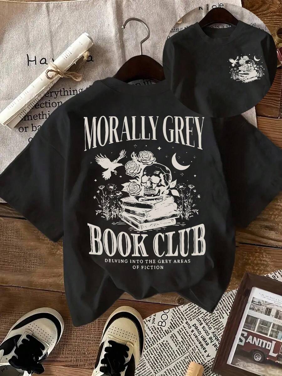 SHEIN EZwear 大码女式图案标语和骷髅印花圆领短袖休闲 T 恤，夏季 - 黑色 - 查看 1