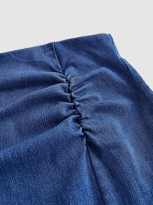 Firerie Minifalda de mezclilla talla grande, azul, con pliegues laterales, abierta y elástica, informal