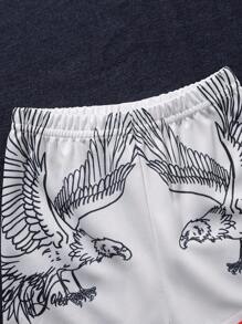 SHEIN 2 件套幼儿男童休闲街头运动 V 领插肩袖宽松图案 T 恤和网眼短裤套装，绿色条纹，6 个月至 3 岁 - 白色 - 查看 6