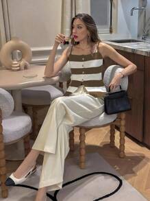 Chiquease 法式休闲修身吊带无袖羊毛条纹排扣黑白女装春夏针织上衣女装外出装 - 棕色 - 查看 3