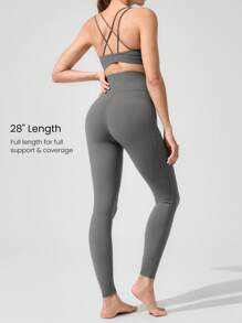 GLOWMODE Mallas de cintura ultra alta de 28" con tecnología FeatherFit™, diseñadas para absorber el sudor, sin costuras interiores, de estiramiento, con bolsillos laterales, aptas para yoga, pilates, barre y uso diario casual de bajo impacto - Gris Oscuro - Ver 3