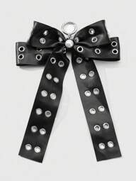 ROMWE Grunge Punk 1pc Y2K Style Retro Punk Chic High-End Black Leather Double-Row Hollow Air Hole Faux Pearl Bow DIY Keychain Bag Pendant, Suitable For Women Girls Everyday Wear, Holiday Gift