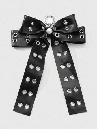 Grunge Punk 1 pezzo Portachiavi/pendente stile Y2K, vintage punk chic di alta qualità, in pelle nera con doppia fila di fori d"aria e decorato con fiocco e perle finte, adatto per donna e ragazze per uso quotidiano, regalo per vacanze