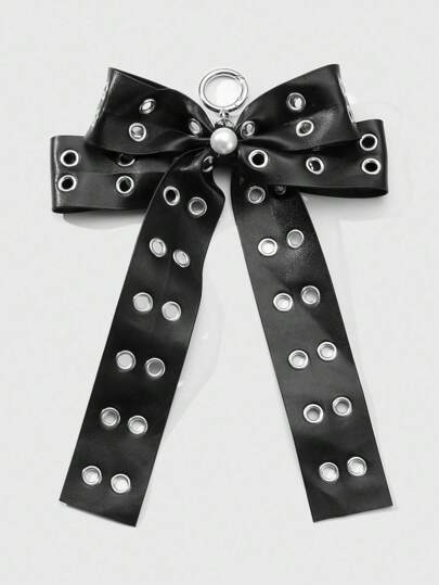 Grunge Punk 1 قطعة سلسلة مفاتيح/ قلادة بشكل فخم بأسلوب بانك ريترو Y2K من الجلد الأسود ذو صفين مفرغة وفتحات هواء مزينة بالأقواس المزيفة من اللؤلؤ، مناسبة للنساء والفتيات للارتداء اليومي أو كهدية للمناسبات