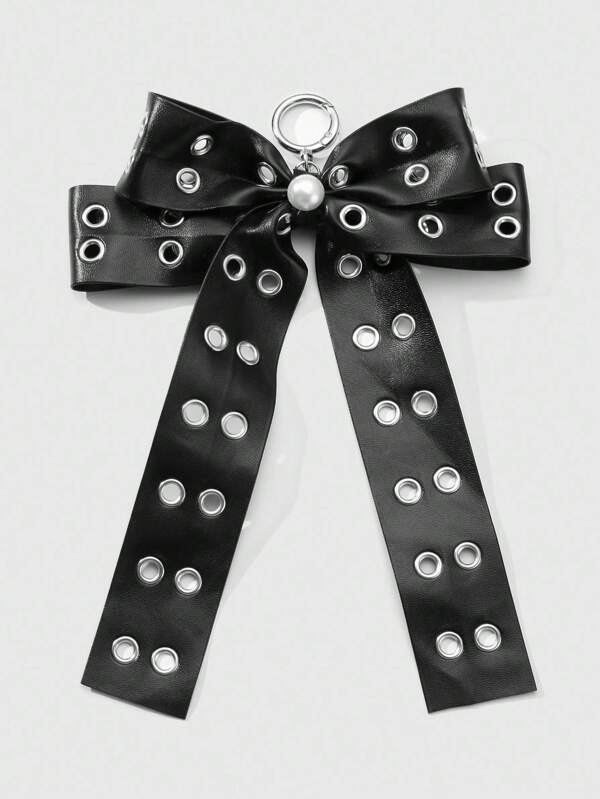 ROMWE Grunge Punk 1pc Y2K Style Retro Punk Chic High-End Black Leather Double-Row Hollow Air Hole Faux Pearl Bow DIY Keychain Bag Pendant, Suitable For Women Girls Everyday Wear, Holiday Gift