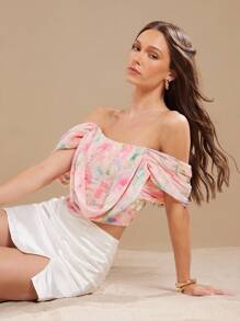 L'Amorae Bluză elegantă cu mânecă scurtă, cu imprimeu floral și umeri goi - Baby Pink - Vizualizare 5