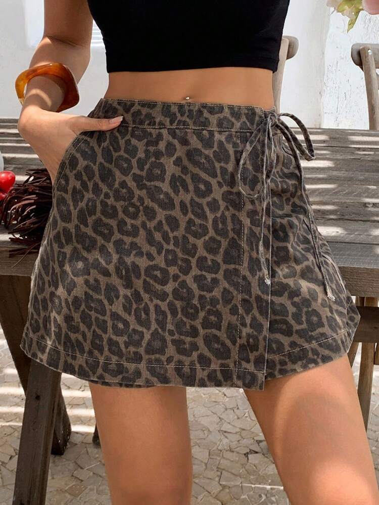 Women's Summer Leopard Print Tie-Up Denim Skirt Shorts Denim Shorts Jorts
