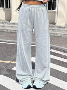 Tween Girl Solid Light Grey Causel Sports Knit Loose Wide Leg Baggy Sweatpants, For Casual Daily Wear Wide Leg Sweatpants Grey Sweatpants Comfy Pants Fall Winter