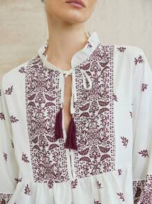 Aveloria Modichic New Summer Women's Casual Tassel Drawstring Lantern Sleeve Printed Vacation Blouse' Fall Cloth For Women - Multicolor - View 6