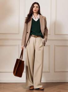 Briarwyn Einfarbige, gefaltete, plissierte, elegante Pendlerhose mit weitem Bein, helles Apricot, moderne, lockere Hose mit geradem Bein für Pendler in der Stadt, lässige gerade Hose mit hohem Bund, modische, einfarbige, elegante Hose mit weitem Bein und Taschendetail fürs Büro, moderne, lockere Hose mit geradem Bein für Pendler in der Stadt - Aprikosenfarben - Übersicht 2