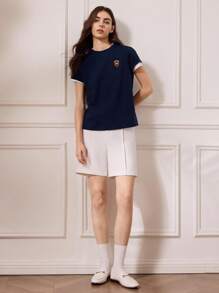 Briarwyn 女士刺绣圆领休闲百搭夏季短袖T恤返校服复古风女装图案T恤 - 藏蓝色 - 查看 7