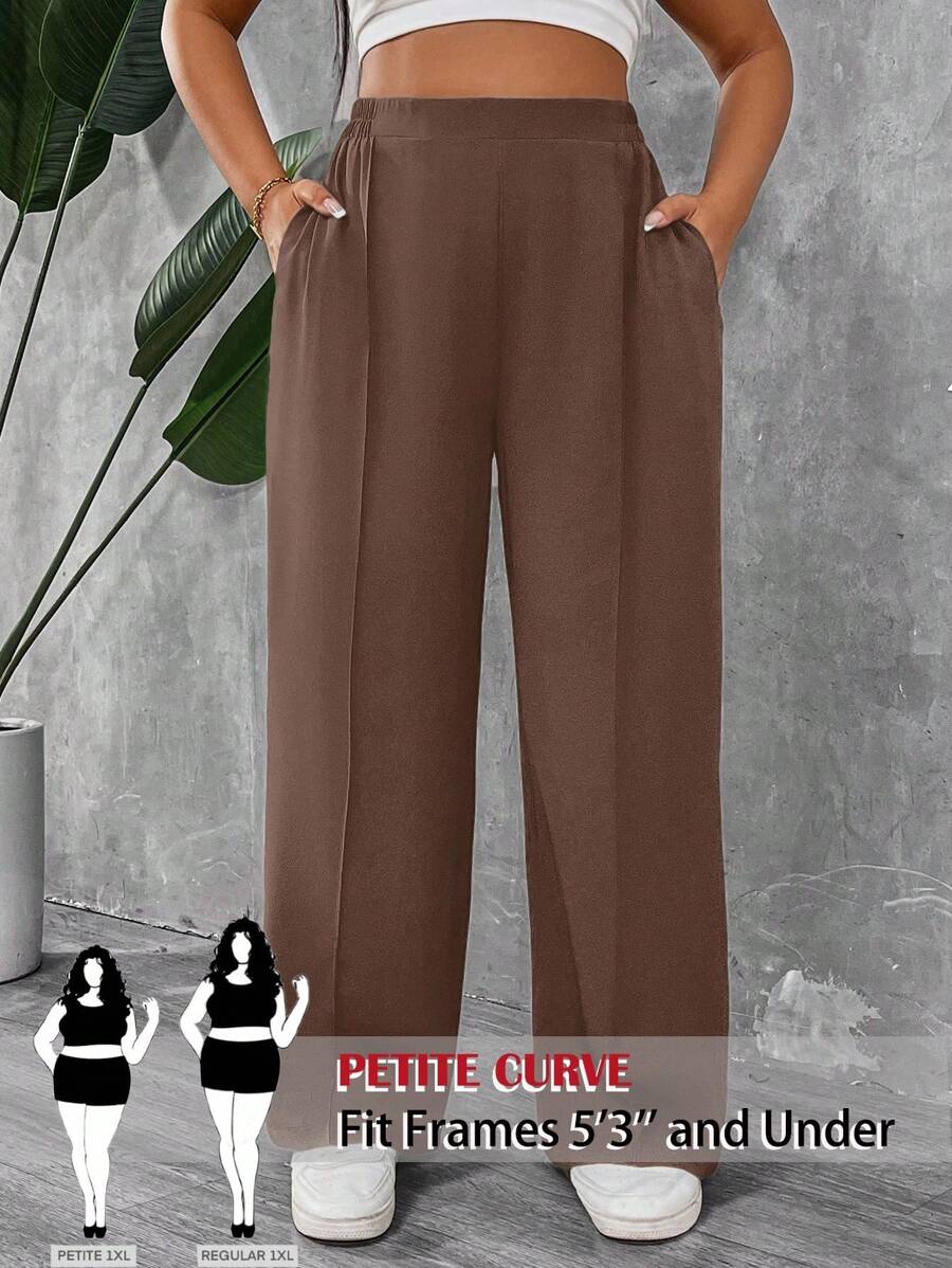 SHEIN PETITE CURVE 小码加大码女式纯色褶皱夏季长裤,商务休闲女装,适合度假、教师等场合。 - 棕色 - 查看 1