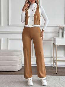 SHEIN LUNE Women's Casual Brown And White Contrast Color V-Neck Button Down Top And Long Pants Knit Set,Autumn 2 Pieces Set Outfits For Women,Casual,Occasion - Brown - View 5
