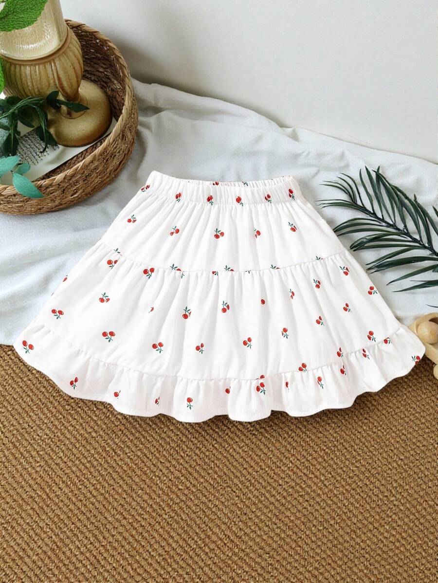 SHEIN Vintaside Kids 年轻女孩可爱优雅樱桃碎花松紧腰荷叶边下摆 A 字裙，适合日常户外穿着幼儿优雅