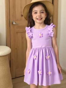 SHEIN Vintaside Kids 年轻女孩针织紫色无袖蕾丝花朵装饰休闲连衣裙，可爱适合夏季假期