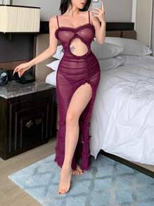 DAZY Camisón largo y sexy de encaje ajustado para mujer, vestido rojo para salir