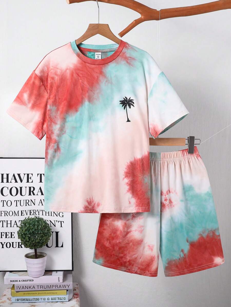 SHEIN Leap Crew Tween Boy Tie-Dye Short Sleeve T-Shirt And Shorts Suit, Holiday Set Teen Boy Summer Sets Boys Tie Dye Sets Teen Boys Outfits Summer Outfits For Teen Boys Boys Summer Clothes - Apricot - View 1