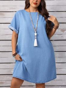 EMERY ROSE Plus Size Vacation Casual Washed Denim Dress