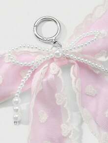 ROMWE Kawaii 1pc INS Korean Style Delicate & Sweet Versatile Minimalist High-End Handmade Beaded White Faux Pearl Net Lace Embroidered Heart-Shaped Pink Ribbon Bow DIY Keychain Bag Charm, Suitable For Women, Daily Wear, Holiday Gift - Pink - View 6