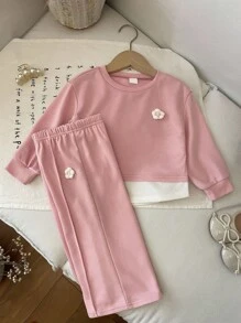 LMoss Kids LMoss 2 Pieces Set Baby Girls Knit Color Block Sweatshirt & Pants,Cute Pink Flower Long Sleeve Tops & Bottoms Autumn Family Matching Girl Clothes Sets - Pink - View 4