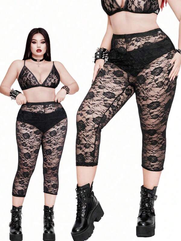 Whyspr Casual Punk Plus Size Women Hollow Rose Crochet Lace 3/4 Length Leggings, Sheer Solid Color Skinny Midi Pants