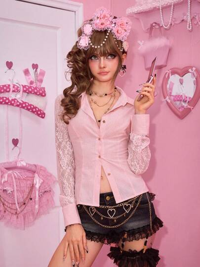 J-Fashion Chemise femme vintage Gyaru Shinjuku Gyaru avec patchwork de dentelle, carreaux sexy et accessoires décoratifs en métal au dos