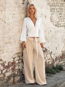 SHEIN ICON Deep V-Neck Lantern Sleeve Tie-Waist Women's Blouse - White - View 6
