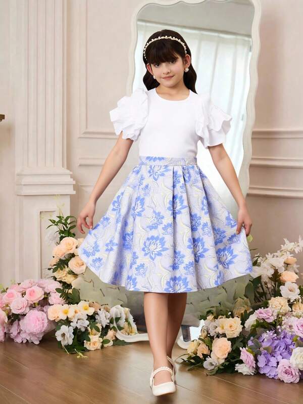 Tween Girls Ruffle Trim Solid Color Top And Glittery Jacquard Skirt 2 Pieces Set, Preteen