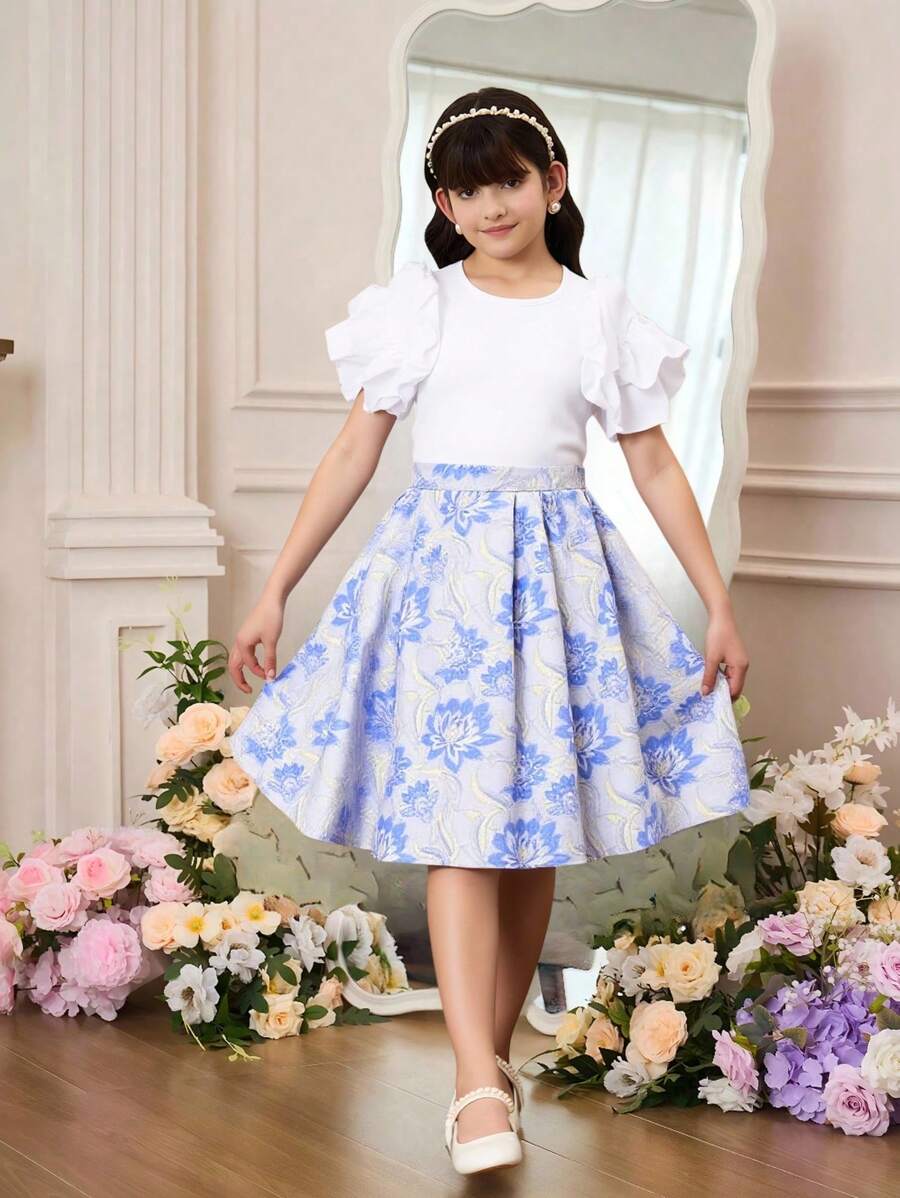 Tween Girls Ruffle Trim Solid Color Top And Glittery Jacquard Skirt 2 Pieces Set, Preteen - Blue - View 1