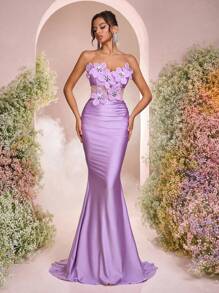Glamrae 优雅浪漫的紫色手工五瓣水晶装饰 V 领腰开衩美人鱼鱼尾拖尾长裙，适合约会、单身派对、正式场合、舞会、鸡尾酒会、庆典（重磅） - 淡紫色 - 查看 1