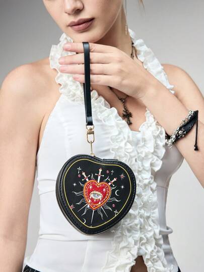 Goth Bolso de mano con bordado de corazón retro de moda