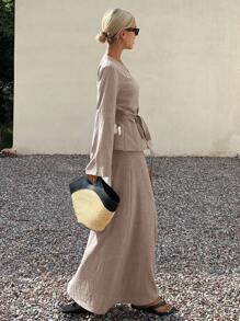 Livesso Dwuczęściowy komplet damski z koronkowym topem i spódnicą z krótkim ogonem, na lato i jesień - Kolor khaki - Zobacz 3