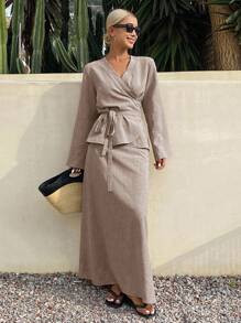 Livesso Dwuczęściowy komplet damski z koronkowym topem i spódnicą z krótkim ogonem, na lato i jesień - Kolor khaki - Zobacz 5