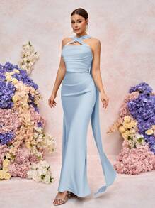 SHEIN Belle 优雅浪漫雪纺哑光飘逸蝴蝶结装饰抹胸修身美人鱼伴娘礼服 - 淺藍色 - 查看 7