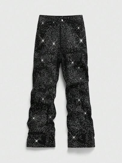 Street Life Men's Fashionable Rhinestone Embellished Flare Leg Jeans, No Belt