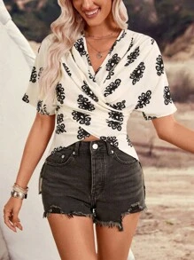 LanaWest Women's Music Festival Paisley Print V-Neck Waist Tied Shoulder Tie Design Short Sleeve Blouse - Apricot - View 4