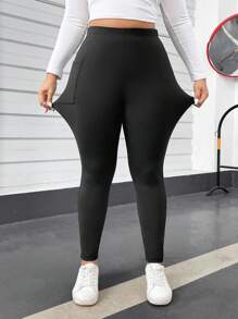 SHEIN CURVE+ Curves Plus Size/Chool Clothes/Back To School Clothes /Back To SchoolPlus Size High Elastic Side Pocket Leggings, Basic Bottoms For Back To School Season Plus Size Leggings Women Plus Size Tights Plus Size High Stretch Leggings Plus Size Leggings With Pockets Stretchy Plus Size Pants