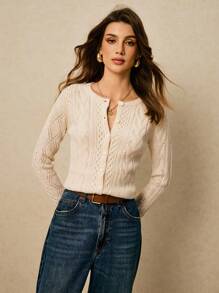 Poéselle Women's White Solid Front Button Hollow Casual Long Sleeve Thin Cardigan,Paris Brunch Style Sweaters,Autumn Winter Clothes For Women - Beige - View 6