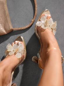 CUCCOO SZL Women's Champagne Pointed-Toe PVC Slip-On Wedge Sandals With Floral Rhinestone Decoration For Christmas - Champagne - View 1