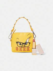 LOONEY TUNES X SHEIN Women's Fashion Personalized Minimalist Cool Streetwear Yellow Print Rivet Handbag, Shoulder Bag, Small Crossbody Bag (3-In-1 Style) - Yellow - View 8