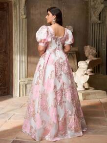 Aureia Vestido midi plus size elegante, luxuoso, de organza jacquard, com mangas bufantes, costas abertas e amarradas, adequado para casamentos, festas, férias, bailes, festivais de música e ocasiões formais (com bordados intensos) - Rosa - Ver 2