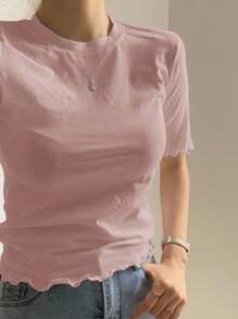 DAZY Camiseta ajustada de unicolor para mujer con detalles de volantes para el verano