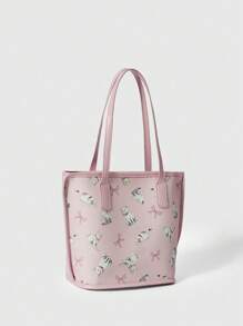 ROMWE Kawaii Pink Cute Cat & Bow Print Pattern Small Tote Basket - Pink - View 3